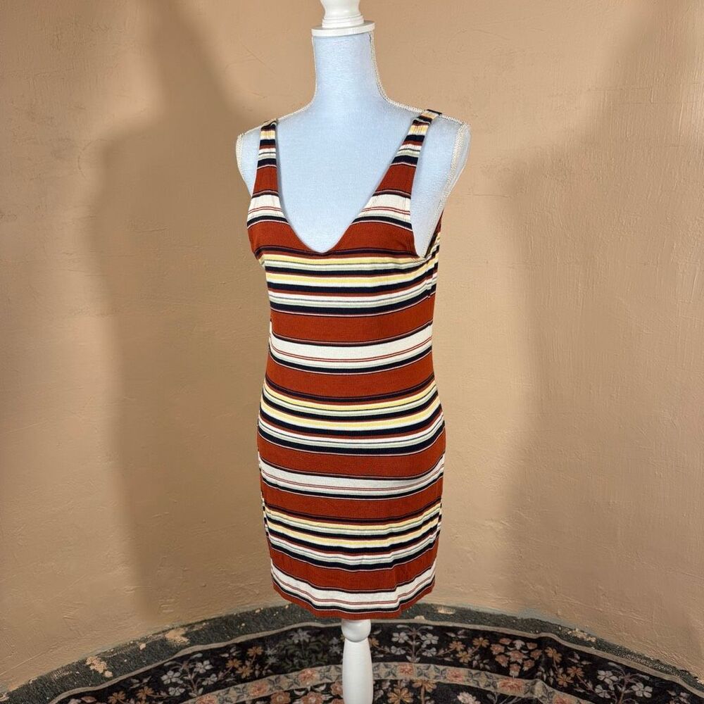 Obey Worldwide Rust Multi-Stripe Ribbed Bodycon Mini Dress | Size M